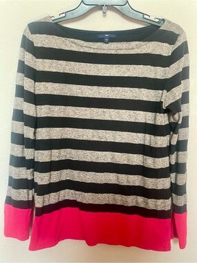 GAP Striped Black & Heather Gray Long-Sleeve Top with Pink Hem